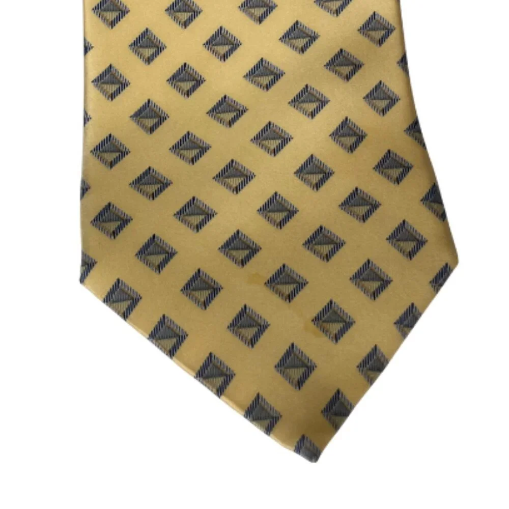 NAUTICA Vintage 90s Geometric Diamond Silk Tie Gold Navy Preppy Academia